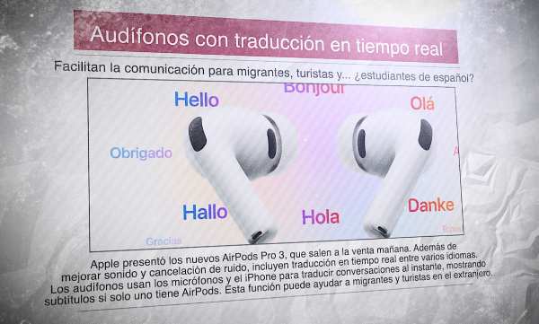 Un diario con la imagen de los AirPods Pro 3 y un titular en español: "Audífonos con traducción en tiempo real"