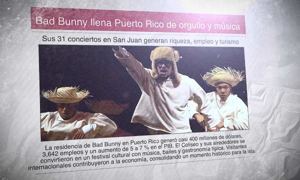 Un diario en español con una foto de un concierto de Bad Bunny y el titular: "Bad Bunny llena Puerto Rico de orgullo y música"