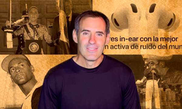 Álvaro Mediavilla presenta las noticias en español. Detrás de él, hay fotos de Claudia Sheinbaum, los nuevos Airpods Pro 3, Roberto Clemente y Bad Bunny