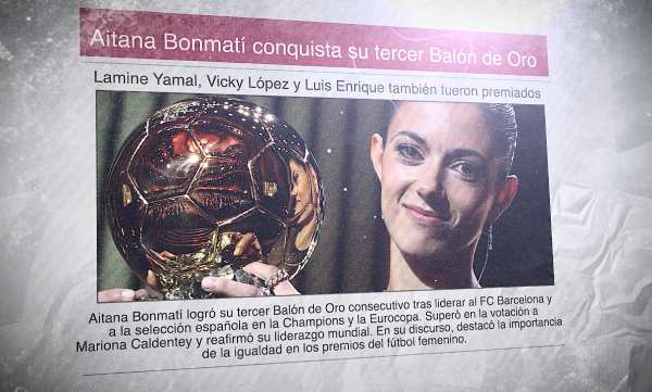 Un diario con la foto de Aitana Bonmatí levantando el Balón de Oro y el titular: "Aitana Bonmatí conquista su tercer Balón de Oro"