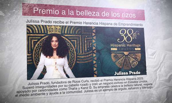 Un diario en español con la foto de los Premios de la Herencia Hispana y Julissa Prado. El titular dice: "Premio a la belleza de los rizos"
