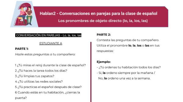 An in-pair speaking activity for Spanish students to practice direct object pronouns