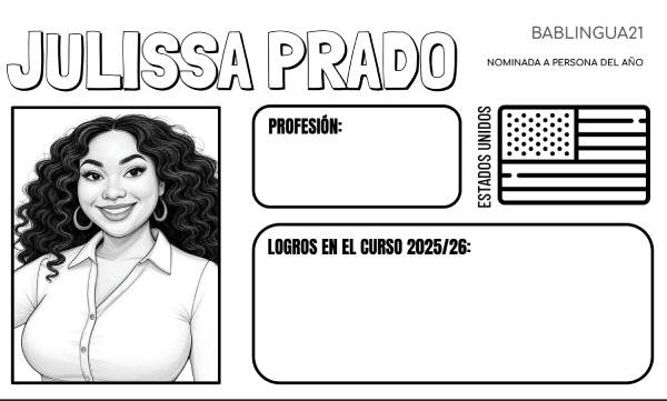A worksheet for Spanish students to describe a nominee for Hispanic Person of the Year. The worksheet features an image of Julissa Prado and several fields students need to complete
