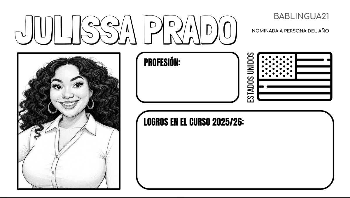 A worksheet for Spanish students to describe a nominee for Hispanic Person of the Year. The worksheet features an image of Julissa Prado and several fields students need to complete