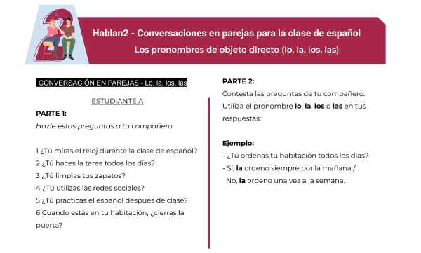 A pair work activity to help students have conversations using direct object pronouns