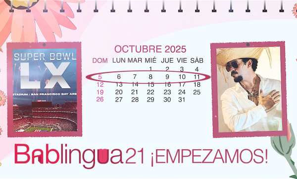 Un calendario del mes de octubre de 2025 con una foto del cartel del Super Bowl y otra del cantante Bad Bunny