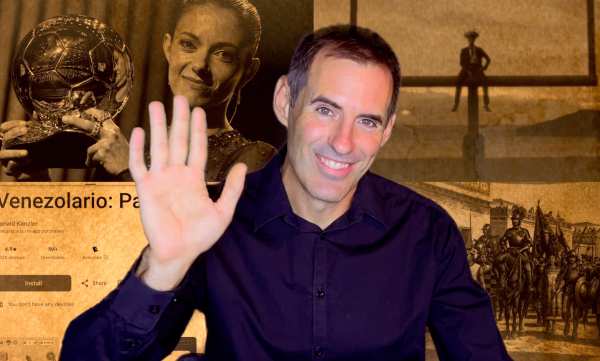 Álvaro Mediavilla presenta el repaso a las últimas noticias en los países hispanohablantes. Detrás suyo hay imágenes de Aitana Bonmatí, Bad Bunny, la aplicación Venezolario y los primeros barcos españoles que llegaron a América en 1492