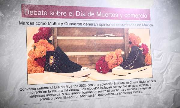 Un diario con una foto de dos tenis de la marca Converse con diseños del Día de Muertos y el titular: "Debate sobre el Día de Muertos y comercio"