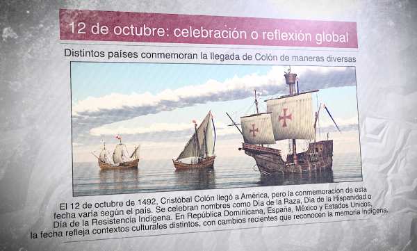 Un diario con la foto de los primeros barcos españoles que llegaron a América y el titular: "12 de octubre: celebración o reflexión global"