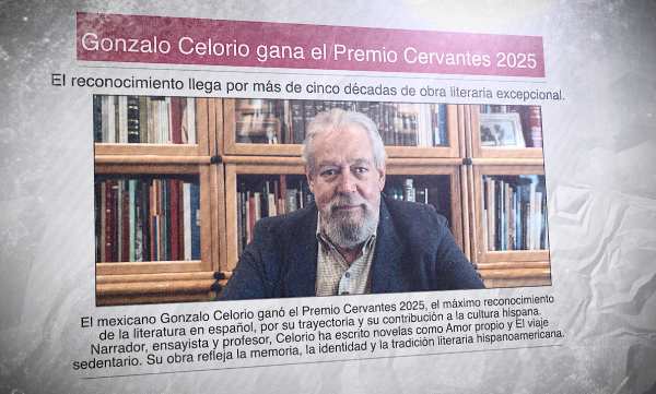 Un diario en español con una foto del escritor mexicano Gonzalo Celorio y el titular: "Gonzalo Celorio gana el Premio Cervantes 2025"