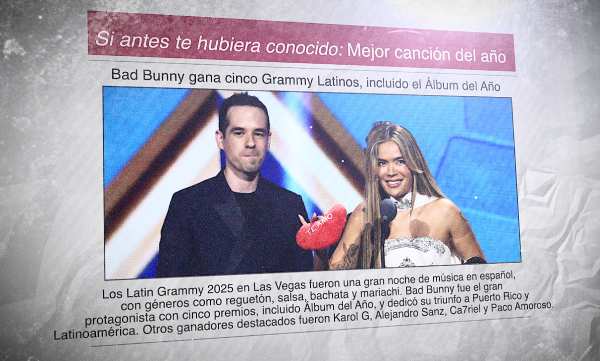 Un diario con una foto de Edgar Barrera y Karol G en los Latin Grammy y el titular. "Si antes te hubiera conocido: Mejor canción del año"