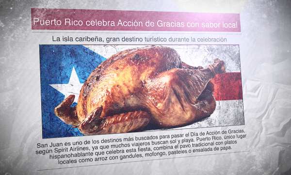 Un diario con la foto de un pavo asado y la bandera de Puerto Rico y el titular: "Puerto Rico celebra Acción de Gracias con sabor local"