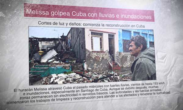 Un diario con imágenes de los daños causados por el huracán Melissa en Cuba. El titular dice: "Melissa golpea Cuba con lluvias e inundaciones"