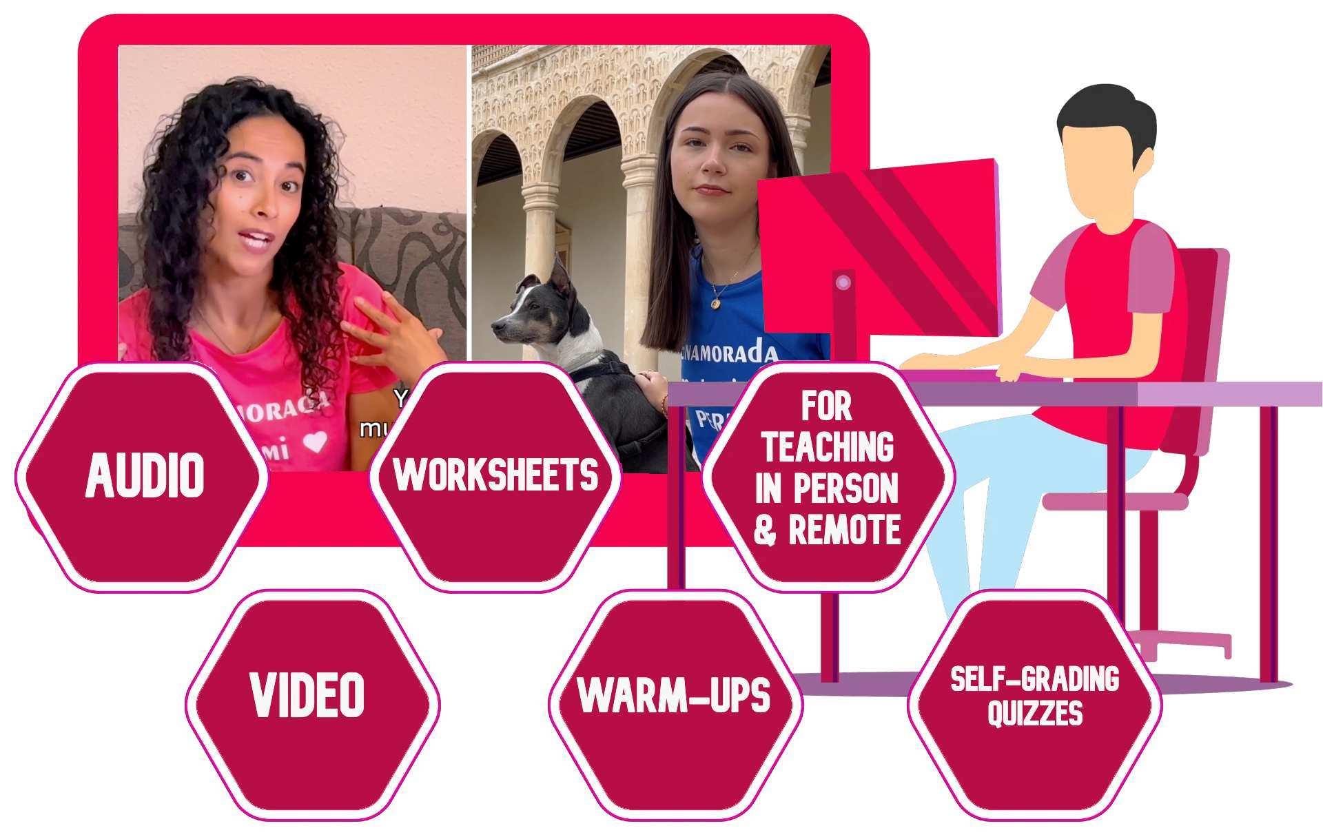 A Spanish student works on his device on a video called: ¿Qué mascota te parece más divertida?