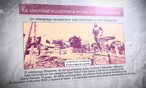 Un diario con la foto del videojuego Despelote y el titular: "La identidad ecuatoriana en los Games Awards"