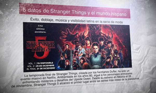 Un diario con una foto de la quinta temporada de Stranger Things y el titular: "5 datos de Stranger Things y el mundo hispano"