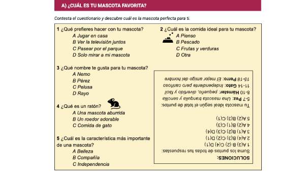 Un divertido cuestionario con preguntas dirigido a estudiantes de español para que descubran cuál es su mascota ideal
