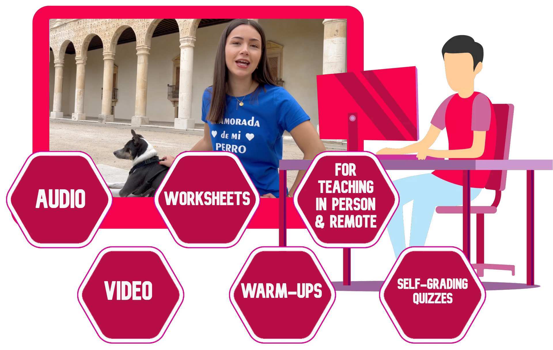 A Spanish student works on his device on a video called: ¿Qué comen los gatos y los perros?