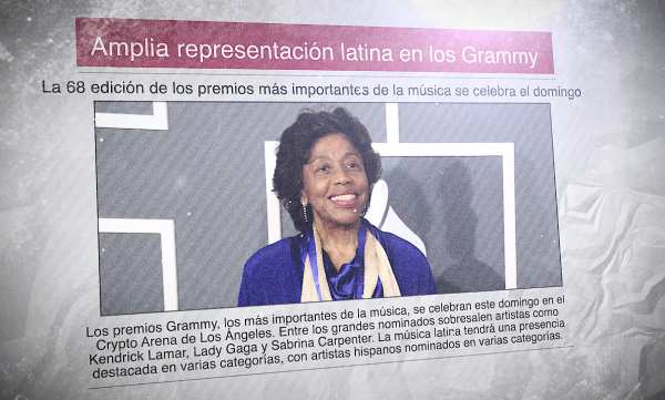 Un diario con una foto de la compositora cubana Tania León y el titular "Amplia representación latina en los Grammy"
