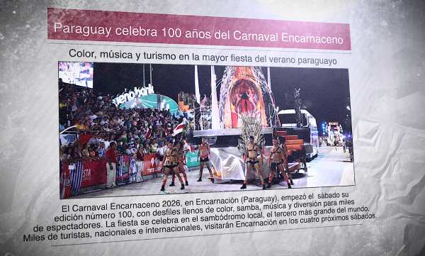 Un diario con una foto de un sambódromo y el titular: "Paraguay celebra 100 años del Carnaval Encarnaceno"