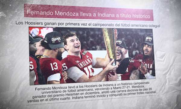 Un diario con la foto de la victoria de Indiana Hoosiers en el campeonato de fútbol universitario y el titular: "Fernando Mendoza lleva a Indiana a título histórico"