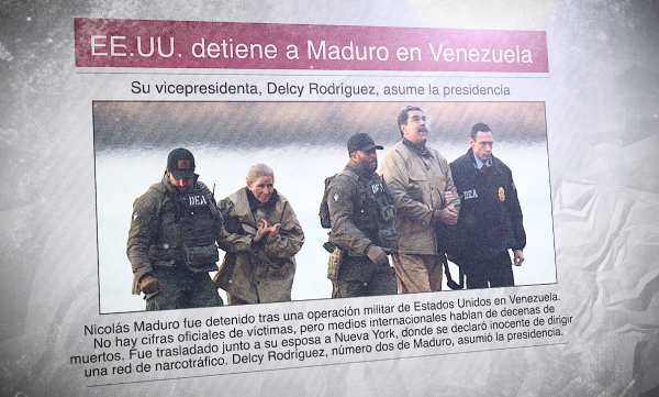 Un diario con una foto de la detención de Nicolás maduro y su esposa y el titular "EE.UU. detiene a Maduro en Venezuela"