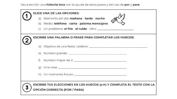A madlibs activity for Spanish students to practice the sues of para and por