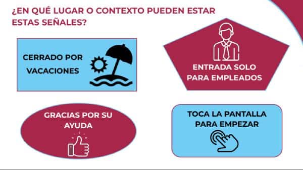 An activity for students shows several signs in Spanish that have the word por or para