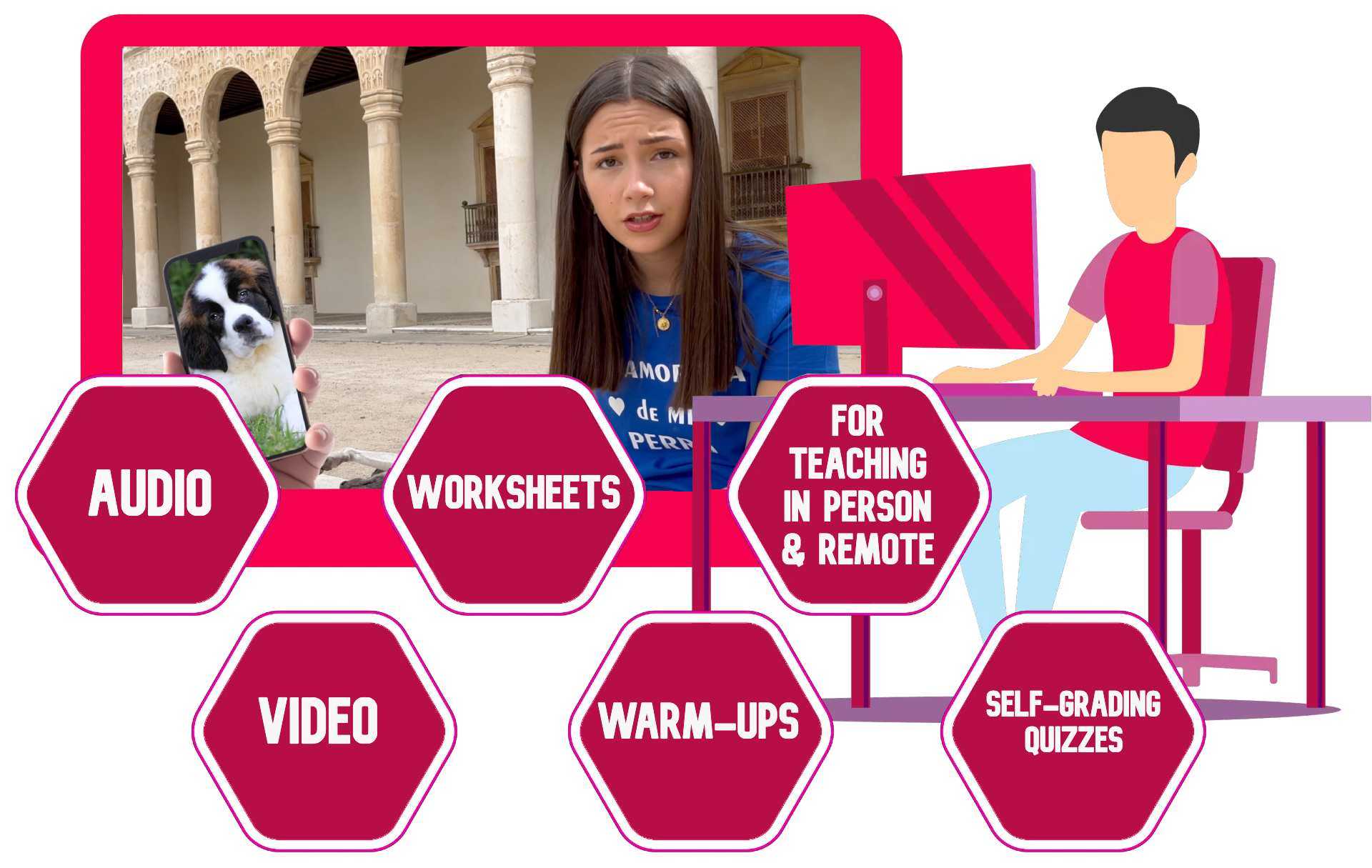 A Spanish student works on his device on a video called: "Lo siento por el perro: no es para mi departamento"