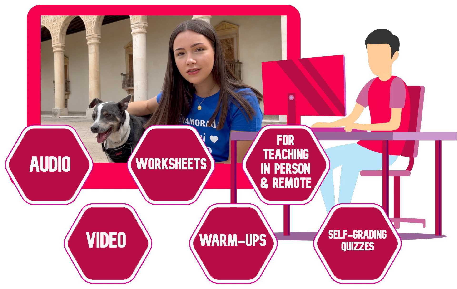 A Spanish student works on his laptop on a lesson that shows a girl with her dog in the park.