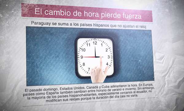 Un diario en español con una imagen de un reloj y el titular: "El cambio de hora pierde fuerza"