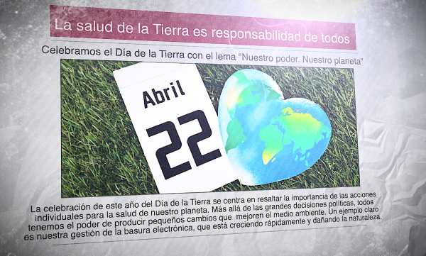 Un diario en español con una foto del planeta Tierra en forma de corazón y el titular "La salud de la Tierra es responsabilidad de todos"