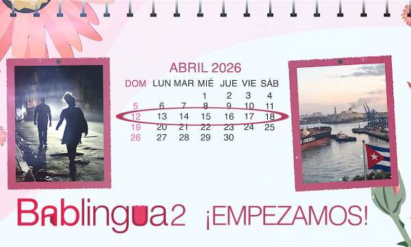 Un calendario del mes de abril de 2026 con una foto de un apagón y otra de un puerto de Cuba