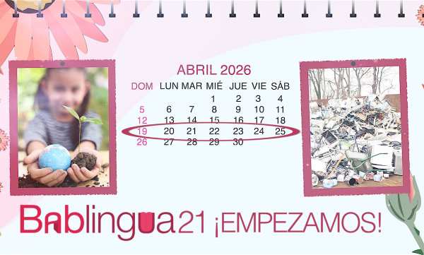 Un calendario del mes de abril de 2026 con una imagen de la celebración del Día de la Tierra y otra de basura electrónica
