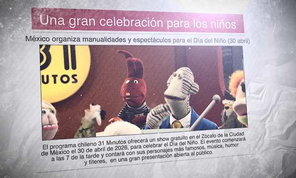 Un diario con una foto de los títeres del programa chileno 31 minutos y el titular "Una gran celebración para los niños"