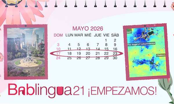 Un calendario del mes de mayo de 2026 con una foto de un satélite de Ciudad de México y otra del Ángel de la Independencia