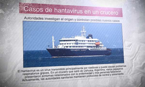Un diario con la foto de un barco en alta mar y el titular "Casos de hantavirus en un crucero"