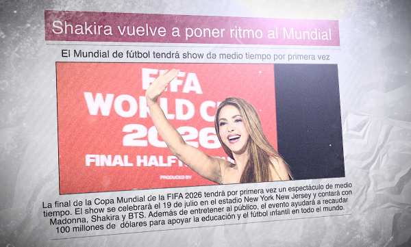Un diario con una foto de Shakira con expresión alegre y el titular: "Shakira vuelve a poner ritmo al Mundial"
