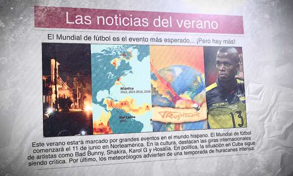 Un diario con una imagen dividida en 4: un apagón, un mapa del Caribe, la web de Karol G y un jugador de fútbol de Ecuador. El titular dice: "Las noticias del verano"