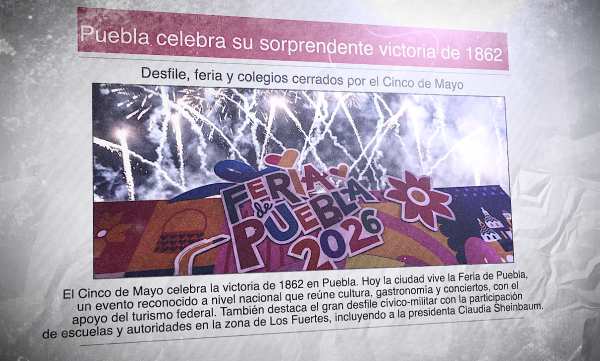 Un periódico con una imagen de la Feria de Puebla y el titular "Puebla celebra su sorprendente victoria de 1862"