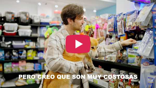 A frame from a video that shows a person holding his dog at a pet store. There are letters that read: "Pero creo que son muy costosas"