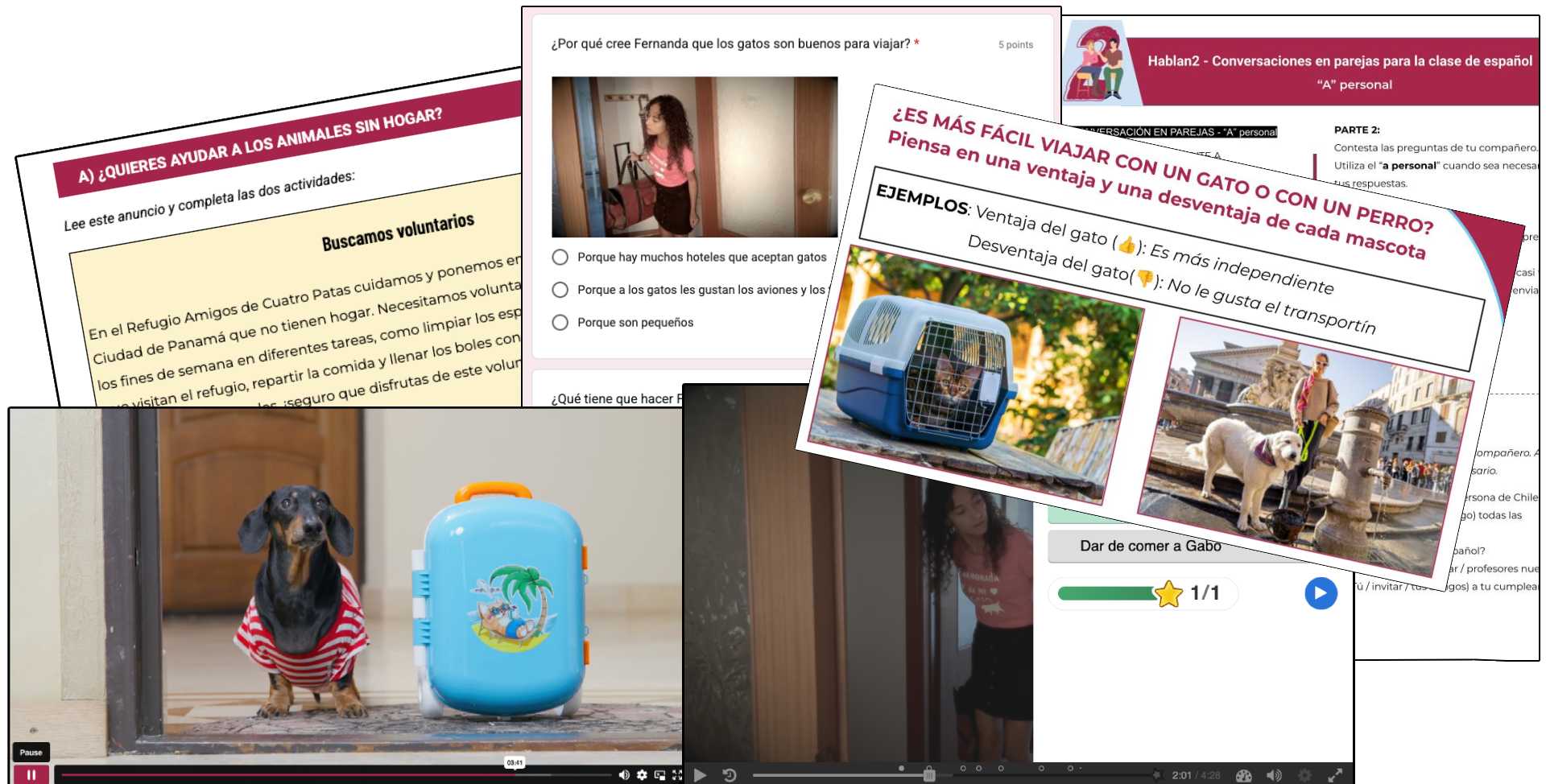 Samples od the materials included in the ¿Llevas a tu mascota? lesson: warm-up activity, reading, speaking practice, video, interactive video and quiz.