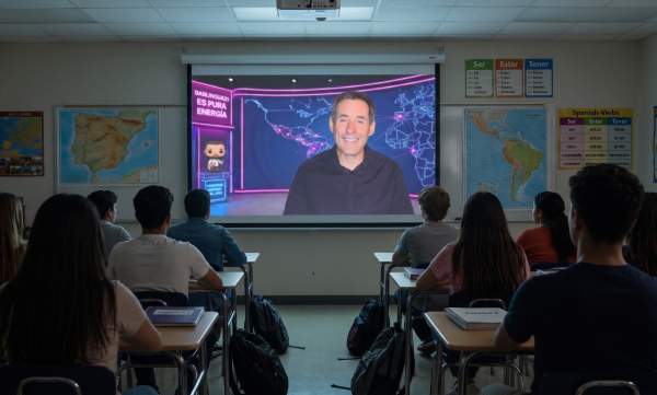 A group of Spanish students watch a Bablingua21 program
