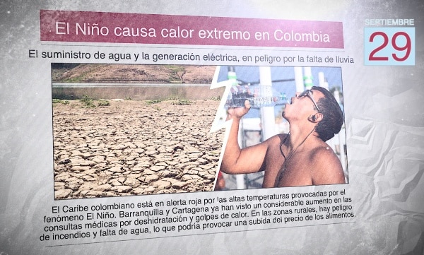 Un diario con una foto de un lugar rural con sequía y un señor bebiendo agua en una zona rural, con el titular: "El Niño causa calor extremo en Colombia"