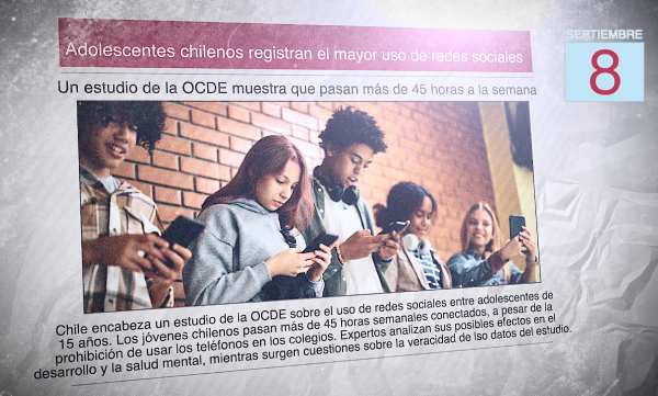 Un diario muestra la foto de un grupo de adolescentes utilizando sus celulares. El titular dice: "Adolescentes chilenos registran el mayor uso de redes sociales"