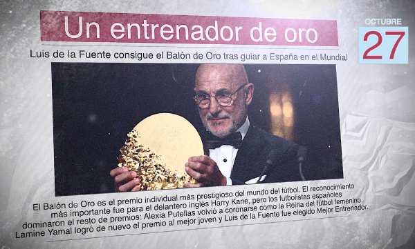 Un periódico con una foto de Luis De La Fuente con el Balón de Oro y el titular "Un entrenador de oro"