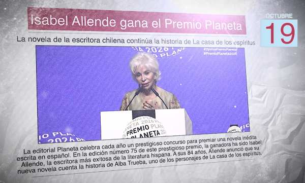 Un periódico español con una imagen de la escritora chilena Isabel Allende y el titular "Isabel Allende gana el Premio Planeta"