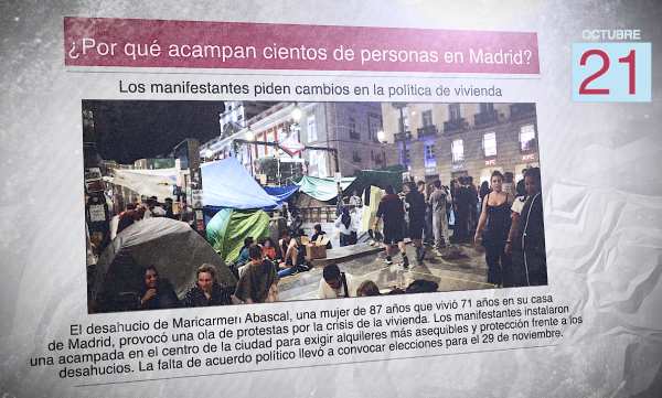 Un diario en español muestra una imagen de la protesta por la vivienda en la Puerta del Sol y el titular "¿Por qué acampan cientos de personas en Madrid?"