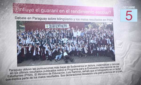 Un diario con una foto de un colegio de Paraguay y el titular "¿Influye el guaraní en el rendimiento escolar?"